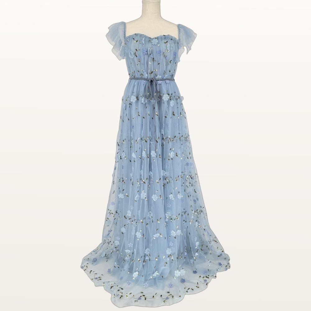 Mgiacy Blue Tulle Floral Embroidered Maxi Dress S Fairycore Etherial Wedding